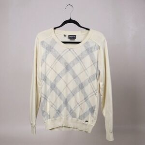 Barbour Men Dress Tartan Knit Sweater Cream Pima Cotton Long Sleeve Size M (est)